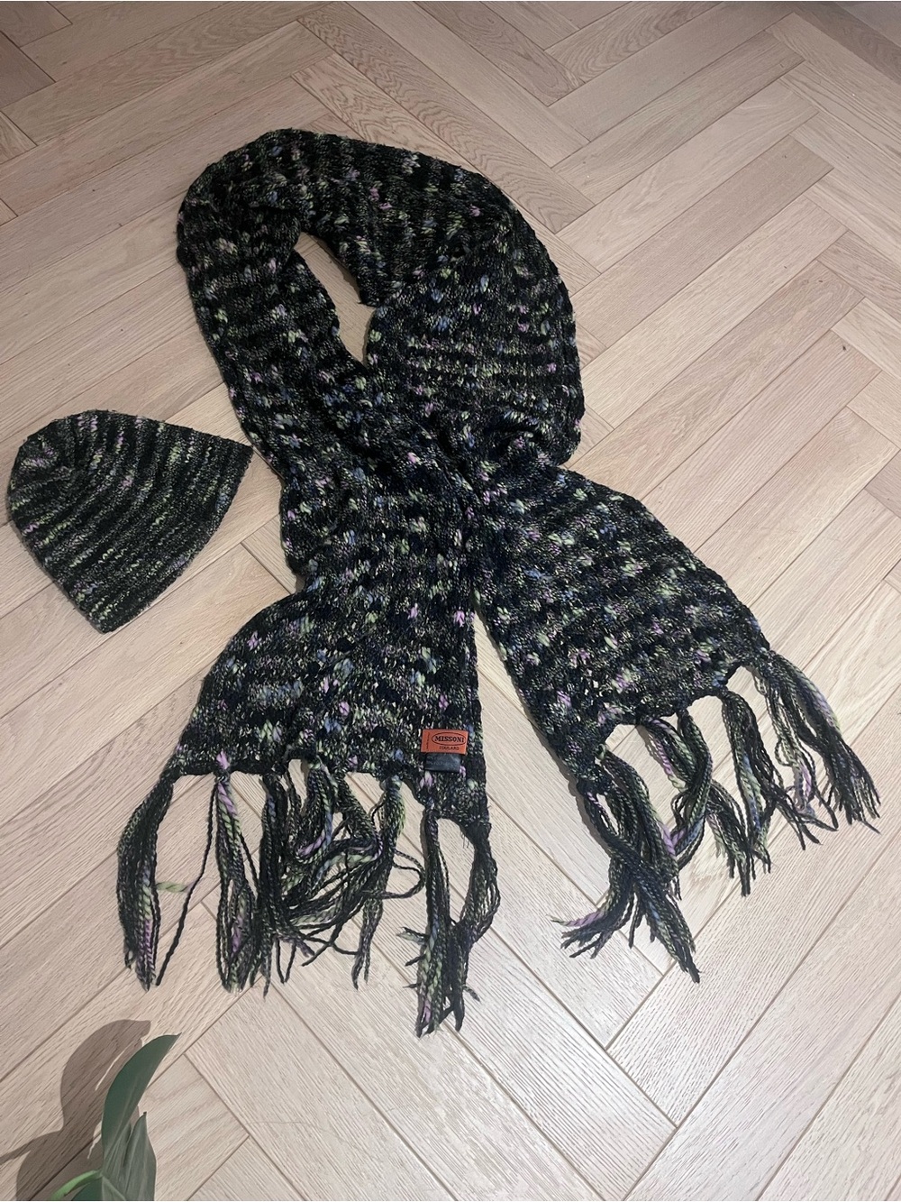 Missoni Knit Fringe Scarf and Beanie Set - Green Multicolor